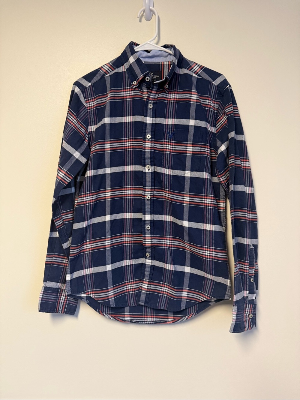 American Eagle Outfitters Navy Plaid Button-Up Shirt with Red and White Stripes